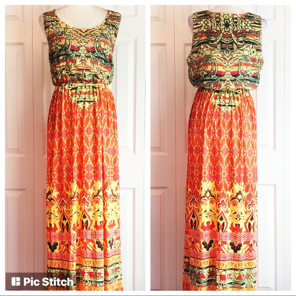 Style & Co. Colorful Orange Boho Print Sleeveless Maxi Dress Medium